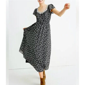 Madewell Womens Dress 14 Maxi Long Black White Floral Short Sleeve Aline Boho